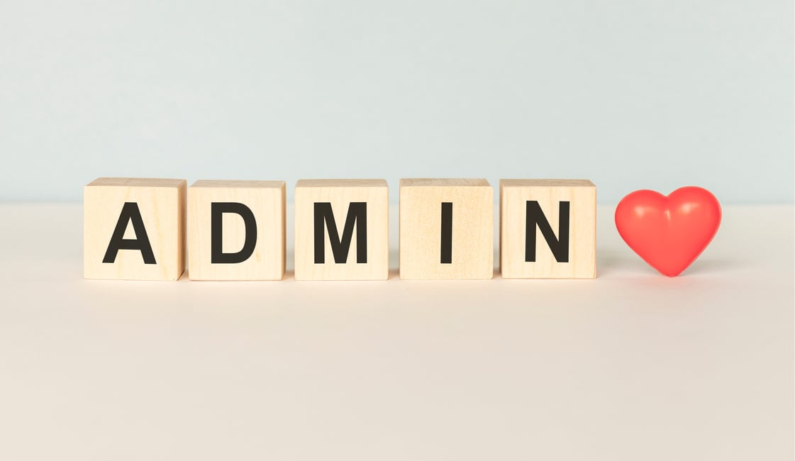 Admin word built with letter cubes on a light background.